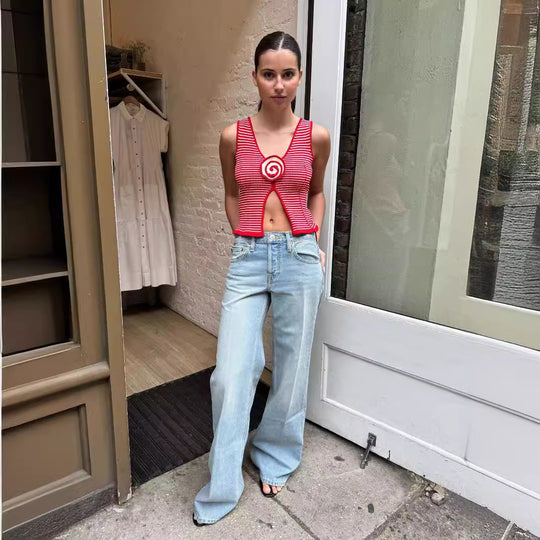 Damen Retro gestreiftes Top mit körpernaher Passform EB