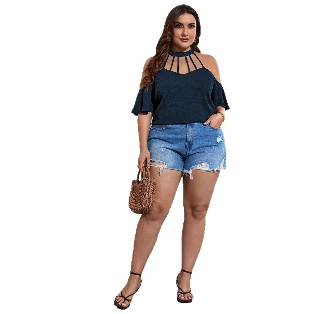 Damen Off-Shoulder Top mit Stehkragen und verspielten Rüschendetails EB