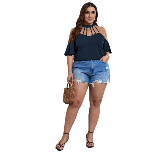Damen Off-Shoulder Top mit Stehkragen und verspielten Rüschendetails EB