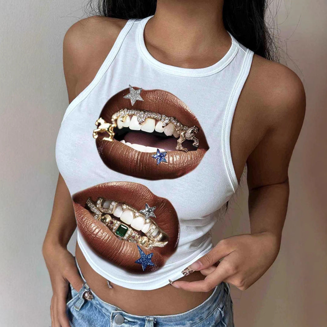 Damen Tanktop mit künstlerischem Lippenmotiv und figurbetontem Schnitt EB