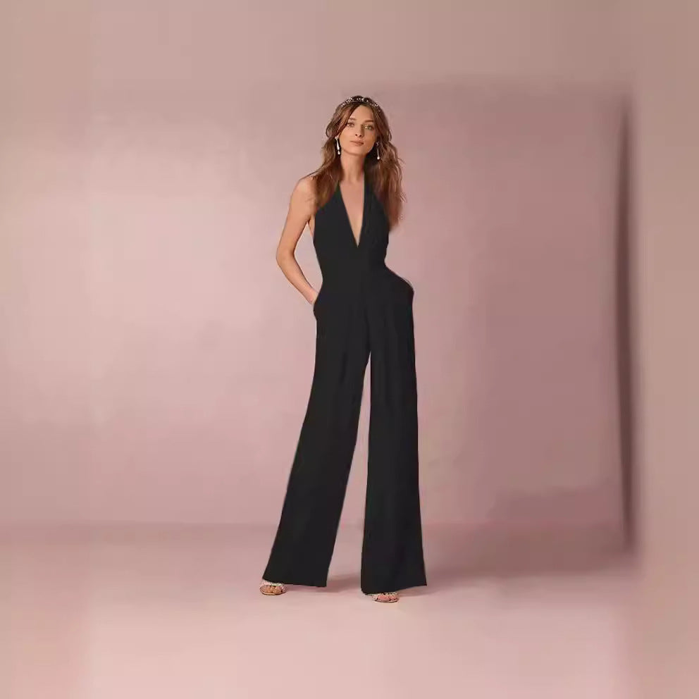 Damen Eleganter Jumpsuit mit tiefem V-Ausschnitt und weitem Bein EB