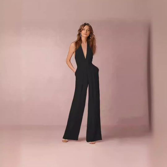 Damen Eleganter Jumpsuit mit tiefem V-Ausschnitt und weitem Bein EB