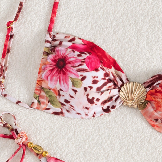 Damen Bandeau-Bikini mit floralem Design und goldenen Akzenten EB