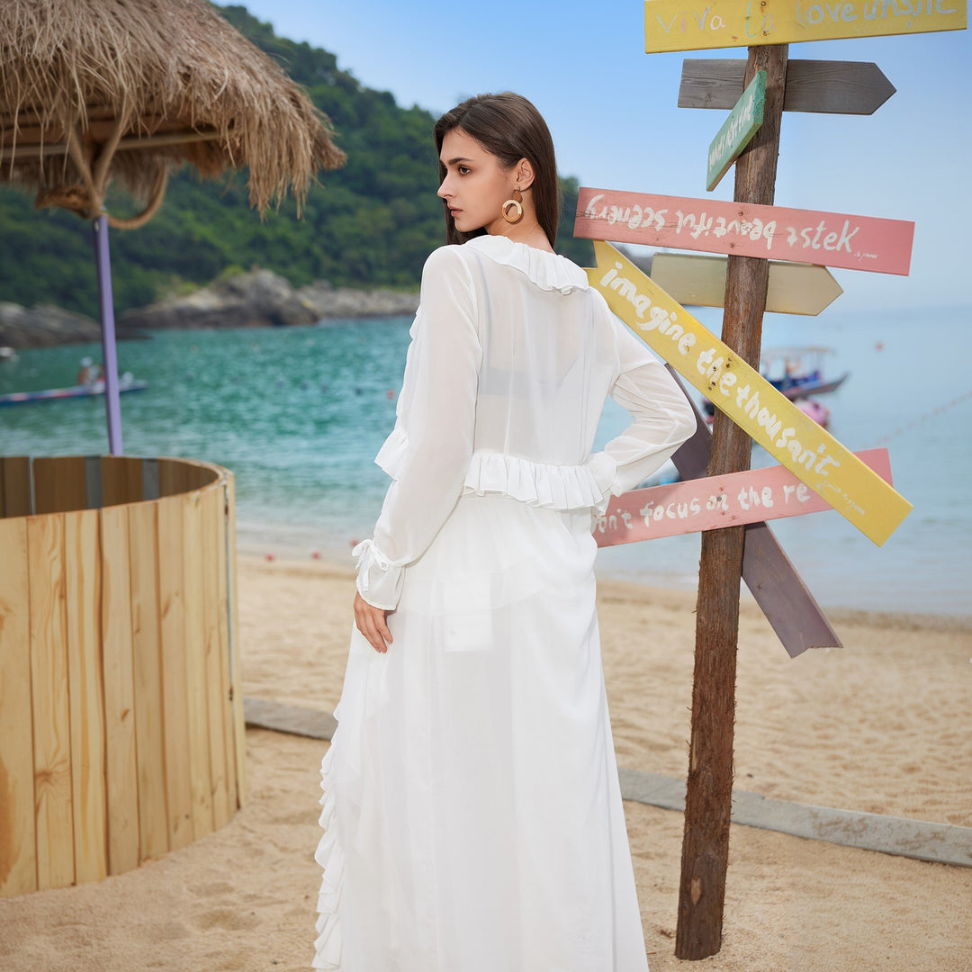 Damen elegantes transparentes Strandkleid mit Rüschen EB