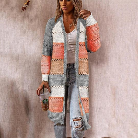Damen Strickjacke im Retro-Patchwork-Stil mit langen Ärmeln und offenen Front EB