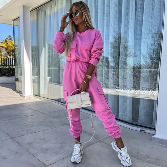 Damen Cargo-Loungewear-Set aus weicher Baumwollmischung mit hoher Taille und aufgesetzten Cargo-Taschen EB