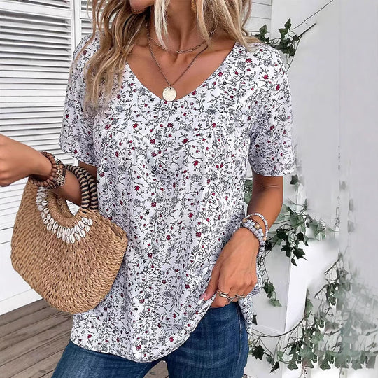 Damen nan lässiges Kurzarm-Tunika-Shirt mit Rundhalsausschnitt, zartem Blumenallover und dekorativen Brustfalten EB