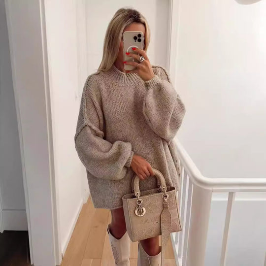 Damen lockerer Strickpullover mit hohem Kragen und überschnittenen Schultern EB