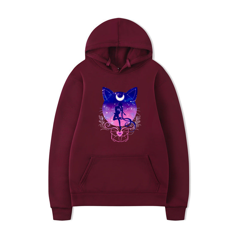 Damen Kapuzenpullover mit künstlerischem Katzenmotiv und bequemer Passform EB