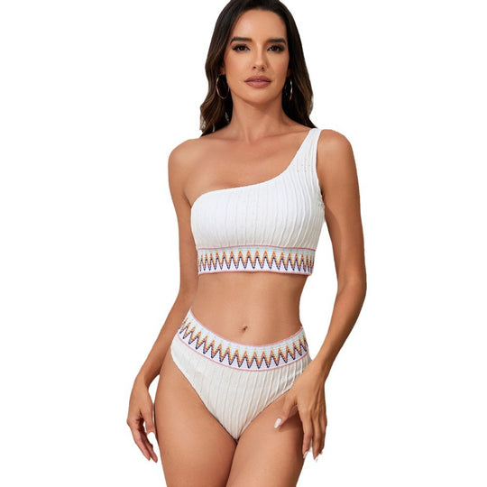 Damen Einseitiger Crop-Bikini mit buntem Jacquardband EB