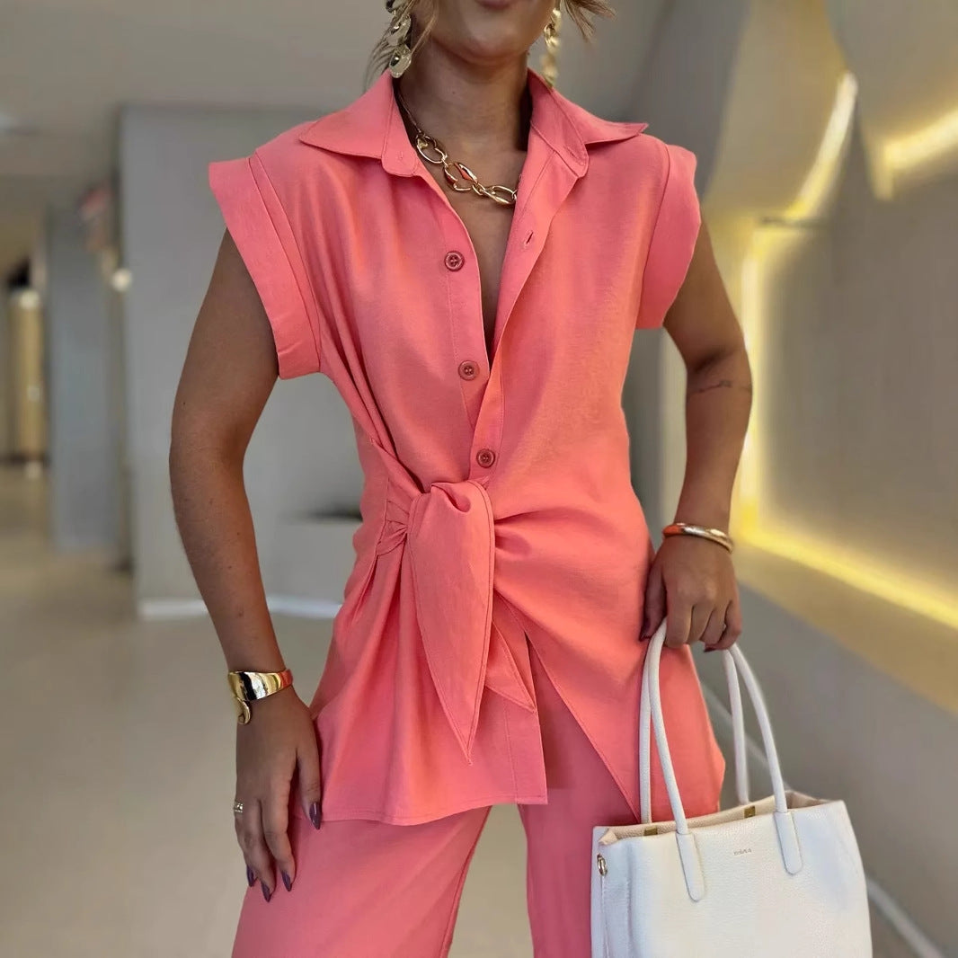 Damen lässiges Oversized-Hemd mit Bindegürtel und weiten Hosen EB