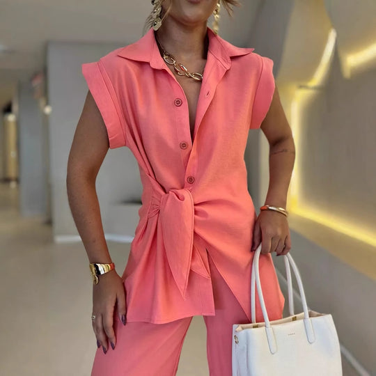Damen lässiges Oversized-Hemd mit Bindegürtel und weiten Hosen EB