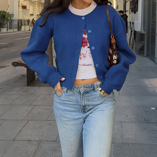 Damen nan kurzes Rippstrick-Cardigan mit Rundhalsausschnitt, ballonärmel und markanter Knopfleiste EB