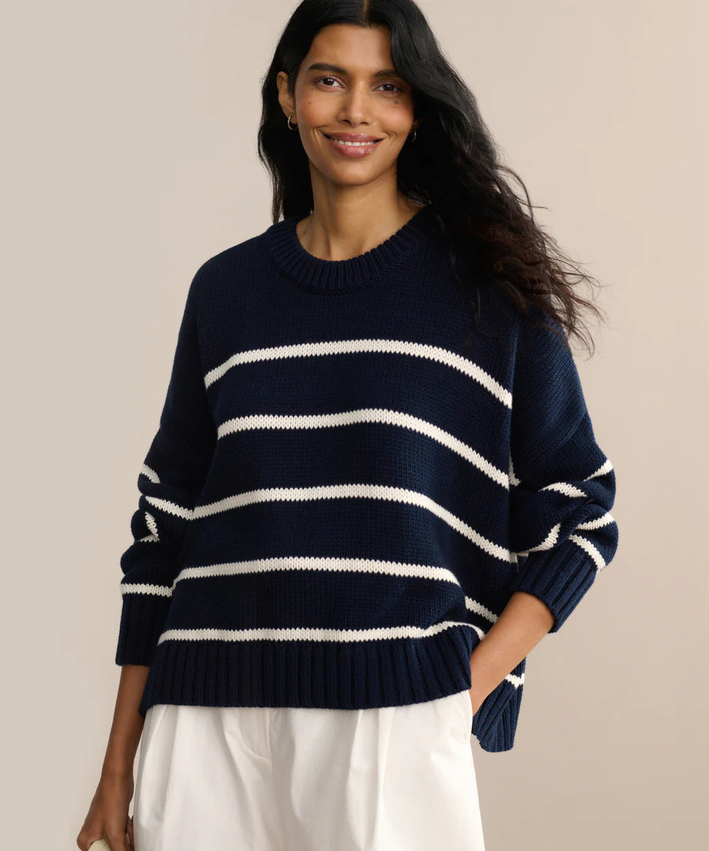 Damen gestrickter Pullover mit breitem Streifenmuster und lässigem Schnitt EB