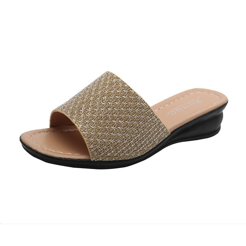 Damen nan Glitzerslipper mit breiter Riemenfront, offenem Zehenbereich, gepolstertem Komfortfußbett und leichtem Keilabsatz EB