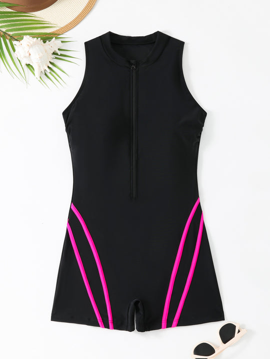 Damen Sportlicher Badeanzug mit Hochkragen und Reißverschluss EB