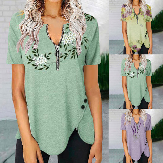 Damen T-Shirt mit halbgeschlossenem Reißverschluss und floralem Muster EB