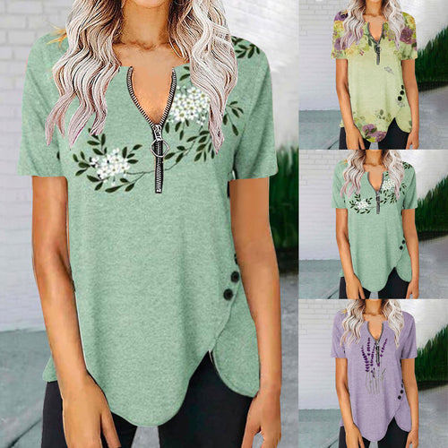 Damen T-Shirt mit halbgeschlossenem Reißverschluss und floralem Muster EB