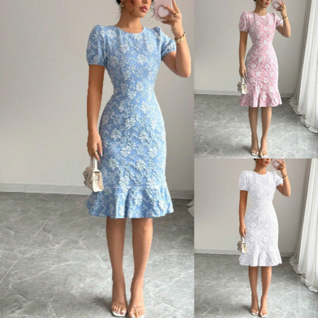 Damen Midi-Kleid mit floralen Applikationen und voluminösen Ärmeln EB