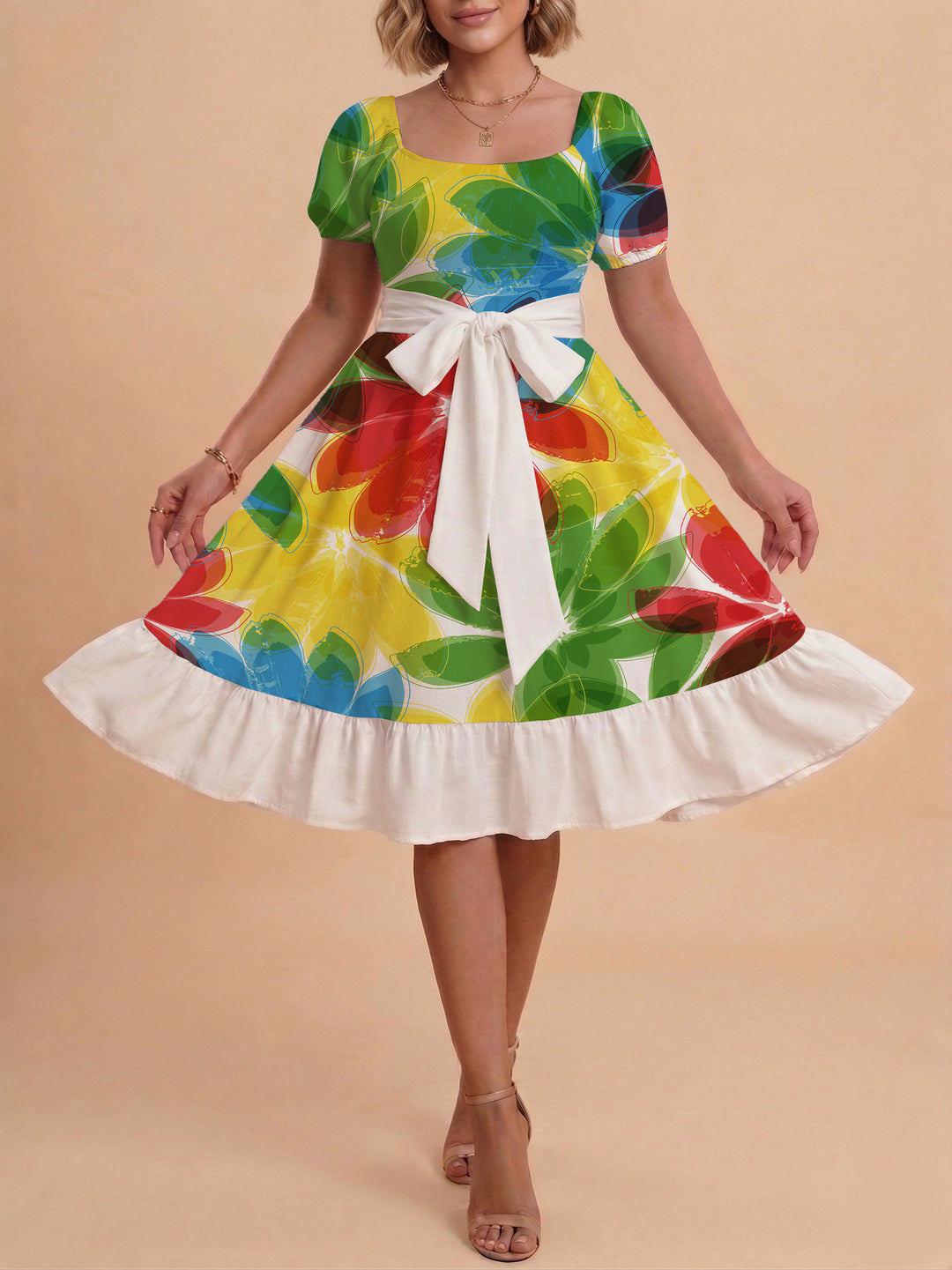 Damen Sommerkleid mit floralem Puffärmel und taillierbarem Gürtel EB