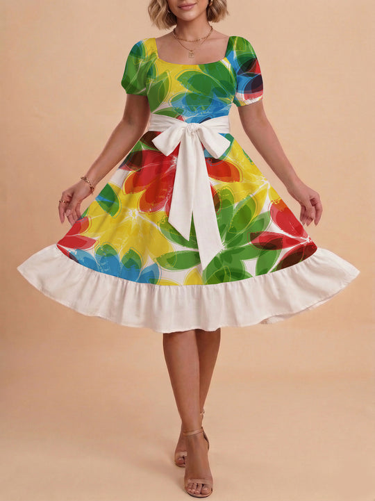 Damen Sommerkleid mit floralem Puffärmel und taillierbarem Gürtel EB