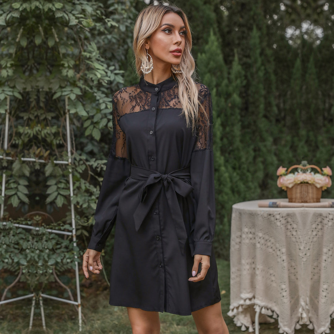 Damen Elegantes Hemdblusenkleid mit Spitzenärmeln und taillierbarem Gürtel EB
