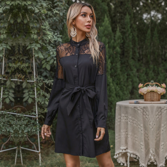 Damen Elegantes Hemdblusenkleid mit Spitzenärmeln und taillierbarem Gürtel EB