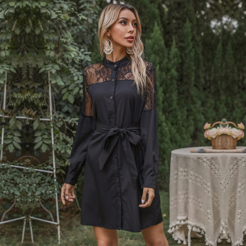 Damen Elegantes Hemdblusenkleid mit Spitzenärmeln und taillierbarem Gürtel EB