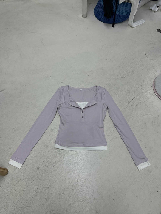 Damen nan tailliertes Henley-Crop-Longsleeve mit kontrastierenden Saum- und Ärmelbündchen EB