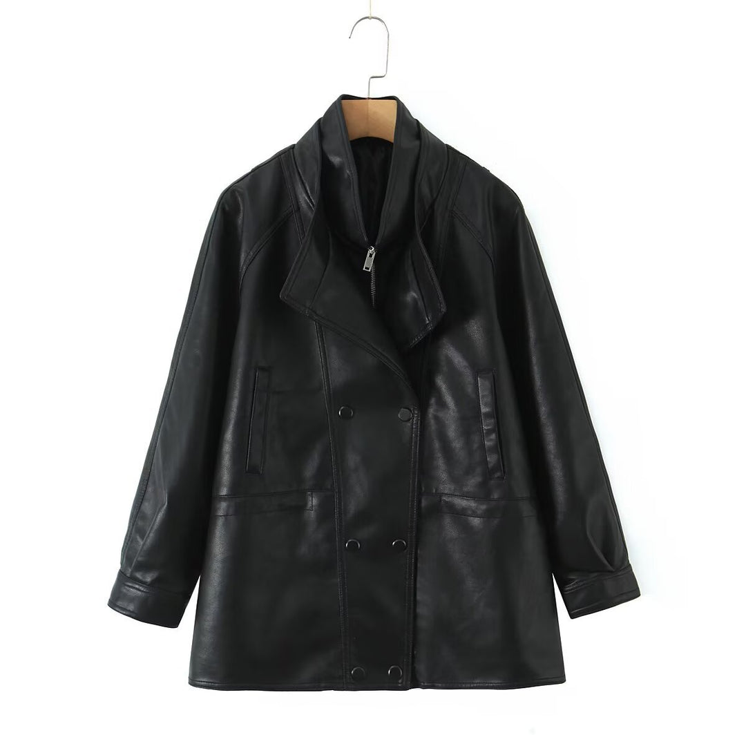 Damen Kunstlederjacke mit breitem Revers und praktischen Taschen EB