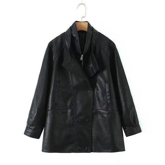 Damen Kunstlederjacke mit breitem Revers und praktischen Taschen EB