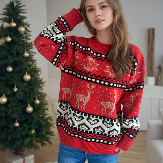 Damen festlicher Strickpullover mit weihnachtlichem Rentier-Motiv und detailreicher Musterung EB