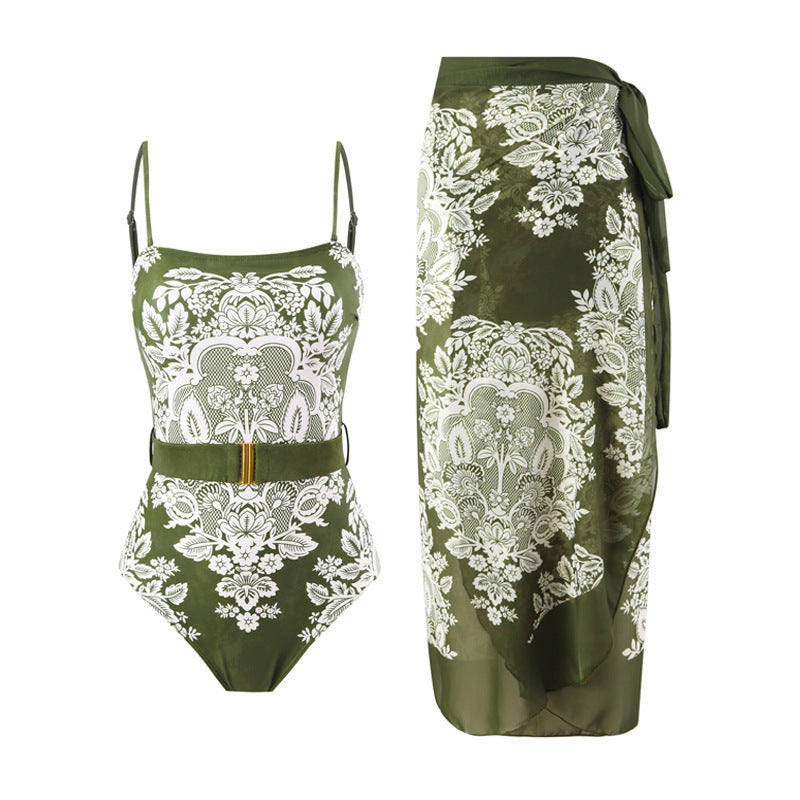 Damen modischer Einteiler Badeanzug mit elegantem Wickelrock und floralem Muster EB
