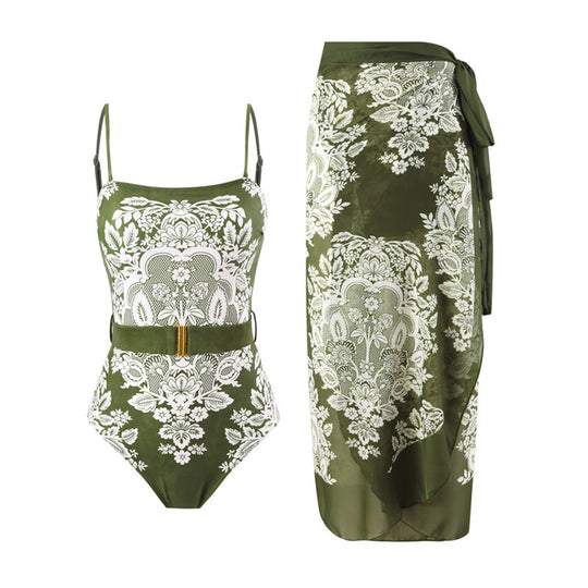 Damen modischer Einteiler Badeanzug mit elegantem Wickelrock und floralem Muster EB