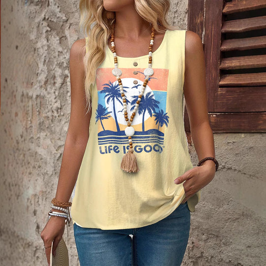 Damen ärmelloses T-Shirt mit buntem Druck und Knopfdetails Heidi-Mode