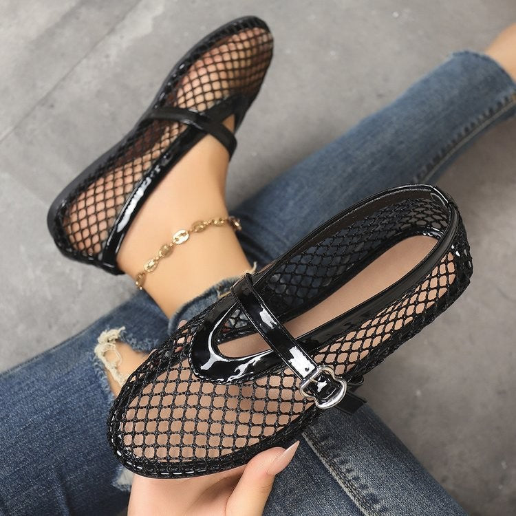 Damen elegante Netzschuhe mit goldenen Schnallen EB