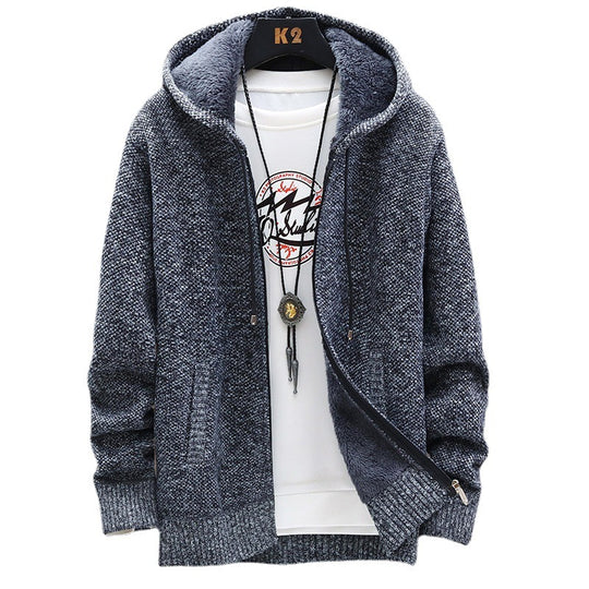 Herren nan gefütterte Strick-Kapuzensweatjacke mit Teddyfutter, durchgehendem Reißverschluss und Kängurutaschen EB