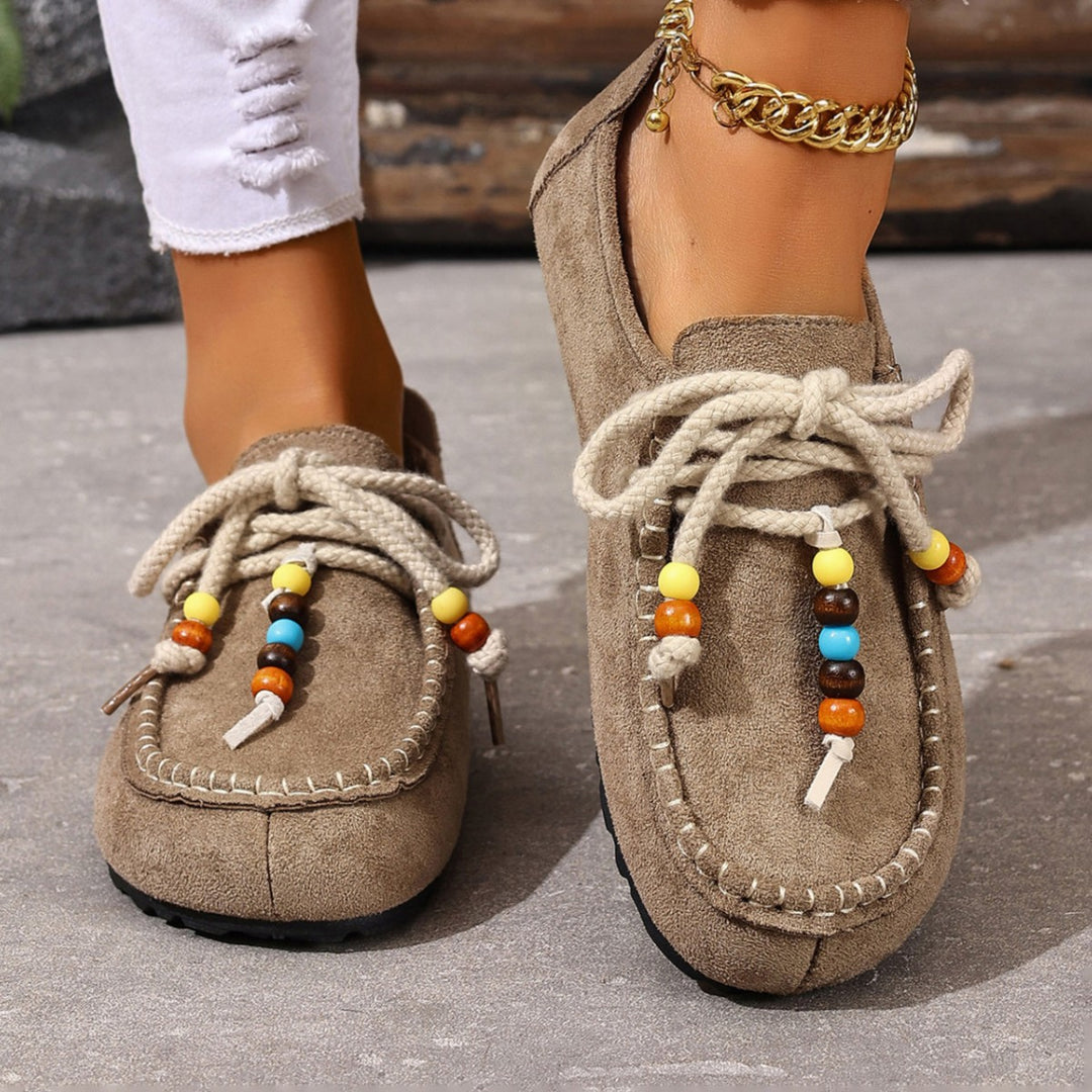Damen Mokassin-Schuhe mit farbenfrohen Charakterperlen und rutschfester Sohle EB