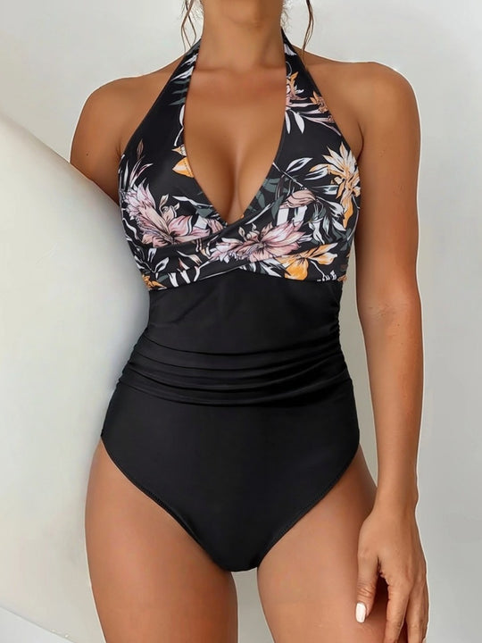 Damen Eleganter V-Ausschnitt Einteiler Badeanzug mit floralen Akzenten EB