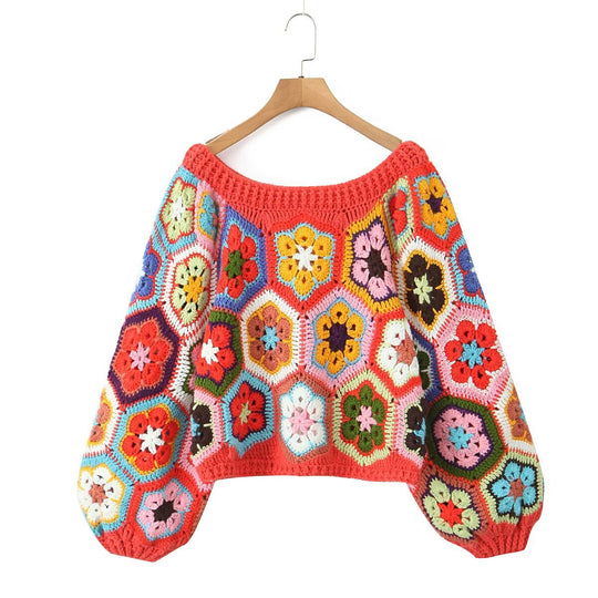 Damen lässiger, handgefertigter Pullover mit floralen Häkelmotiven EB