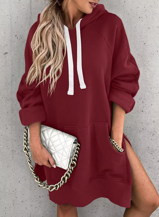 Damen lässiges Kapuzenkleid mit praktischen Eingrifftaschen und seitlichen Schlitzen EB