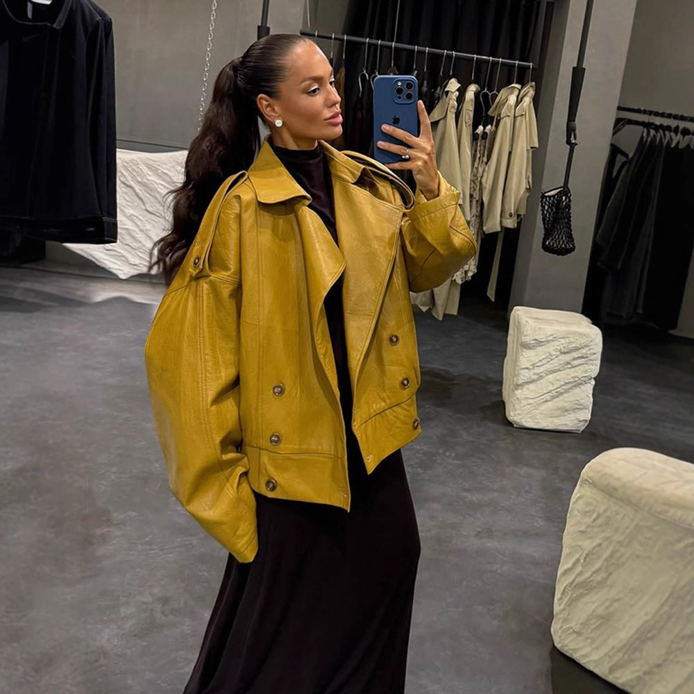 Damen Oversized Kunstlederjacke mit doppelter Knopfleiste und modischem Schnitt EB