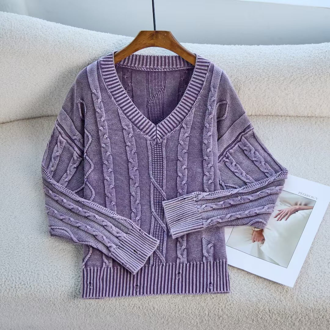 Damen Modischer Strickpullover mit V-Ausschnitt und Zopfmuster EB