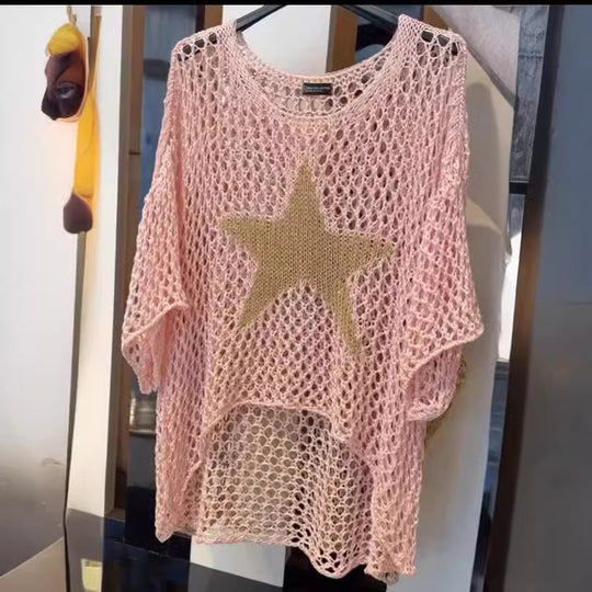 Damen nan oversized gehäkelter Pullover mit Sternapplikation und 3/4-Ärmeln EB