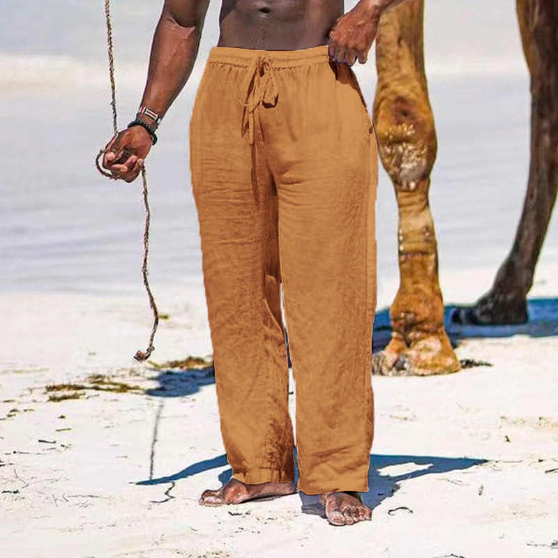 Herren lässige Strandhose aus leichtem Leinenstoff mit elastischem Bund und Kordelzug EB