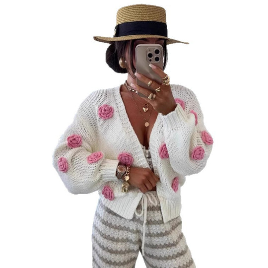 Damen gemütlicher Strickcardigan mit verspielten Blumenapplikationen EB