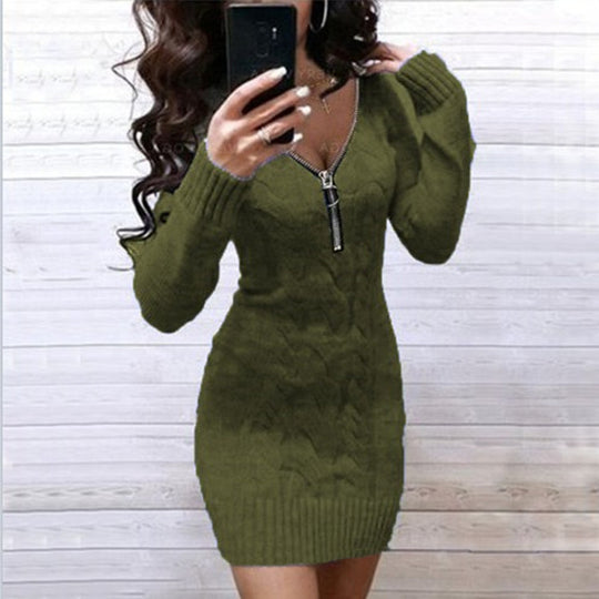 Damen Strickkleid mit Zipper und Kabelmuster EB