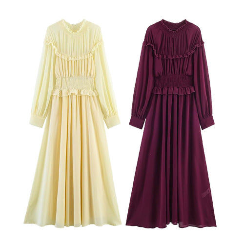 Damen Maxikleid mit voluminösen Rüschendetails und schmalem Gürtel EB