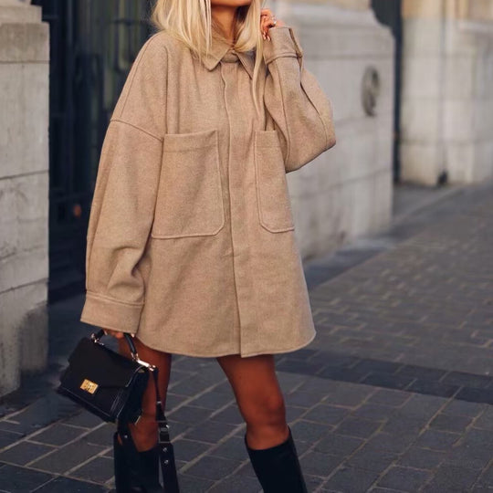 Damen Oversized Hemdjacke aus hochwertigem Wollmix mit praktischen Taschen EB
