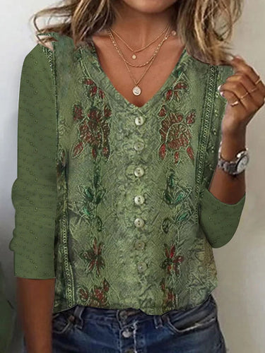 Damen V-Ausschnitt Bluse mit floralen Details und Knopfverschluss EB
